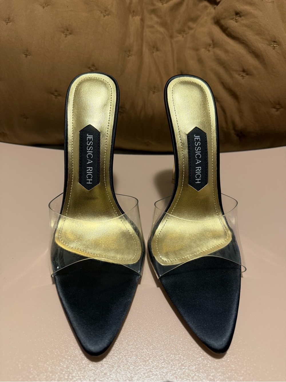Jessica Black Pointed Mule with Clear Strap and Gold Insole